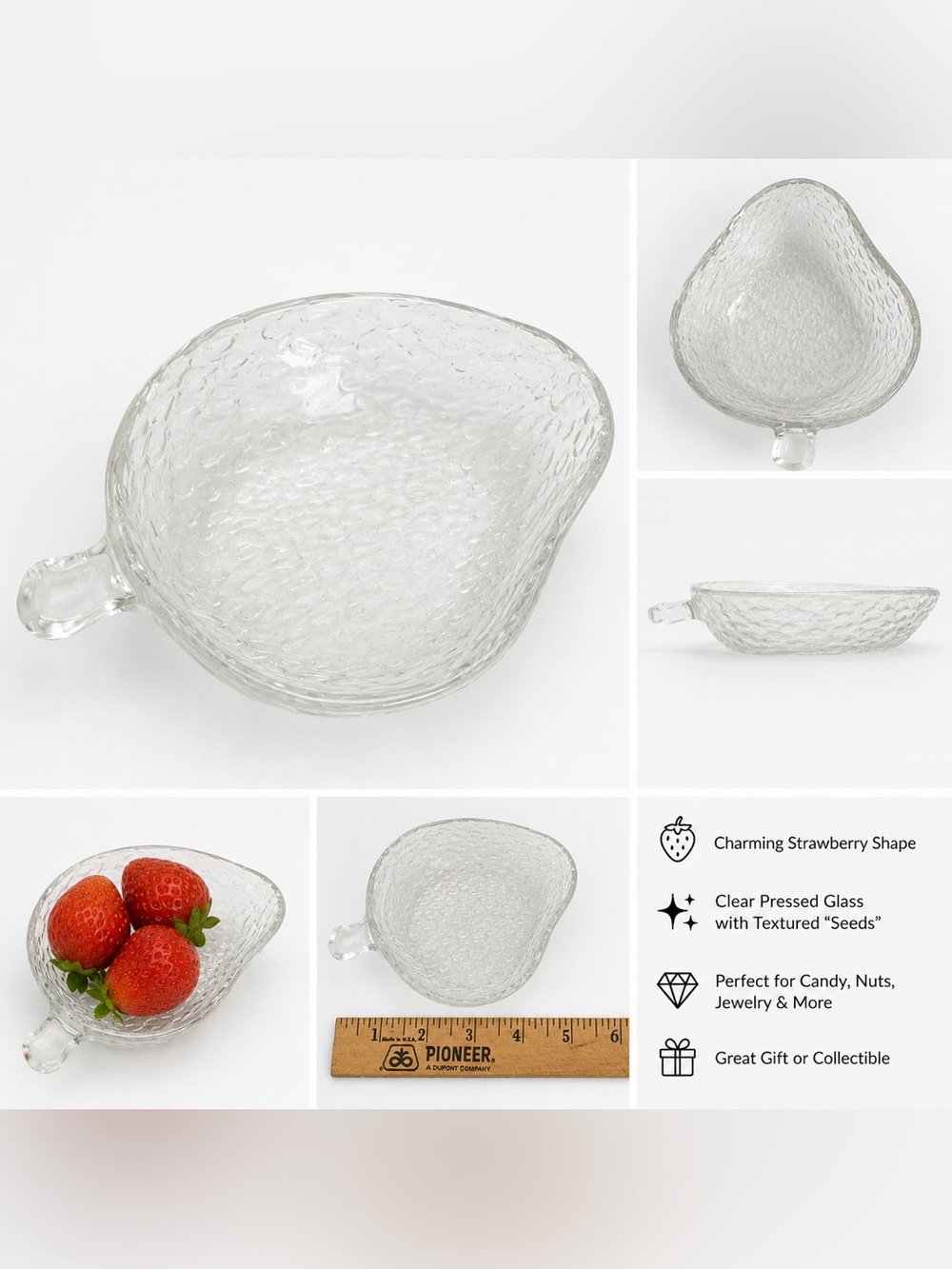 Vintage 60s 70s Clear Glass Strawberry Shaped Small Summer Decor